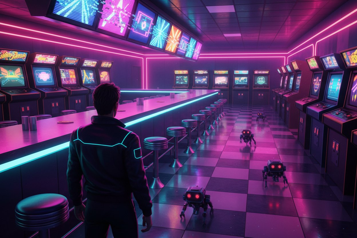 A neon arcade bar at midnight: a long pink bar counter with chrome stools, glowing arcade cabinets and red-eyed robots crawling across the checker floor